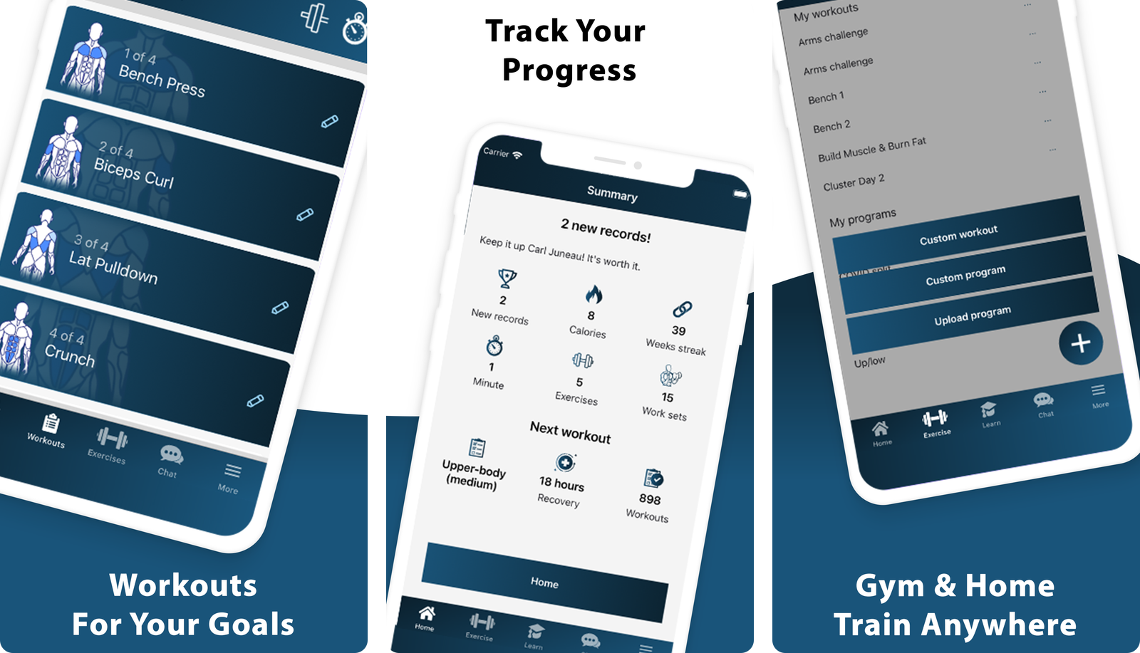 Dr. Muscle app screens showing a workout list with bench press, biceps curl, lat pulldown and crunch with muscle diagrams, a summary screen with new records, weeks streak and next workout, and the workouts and programs library with custom program options