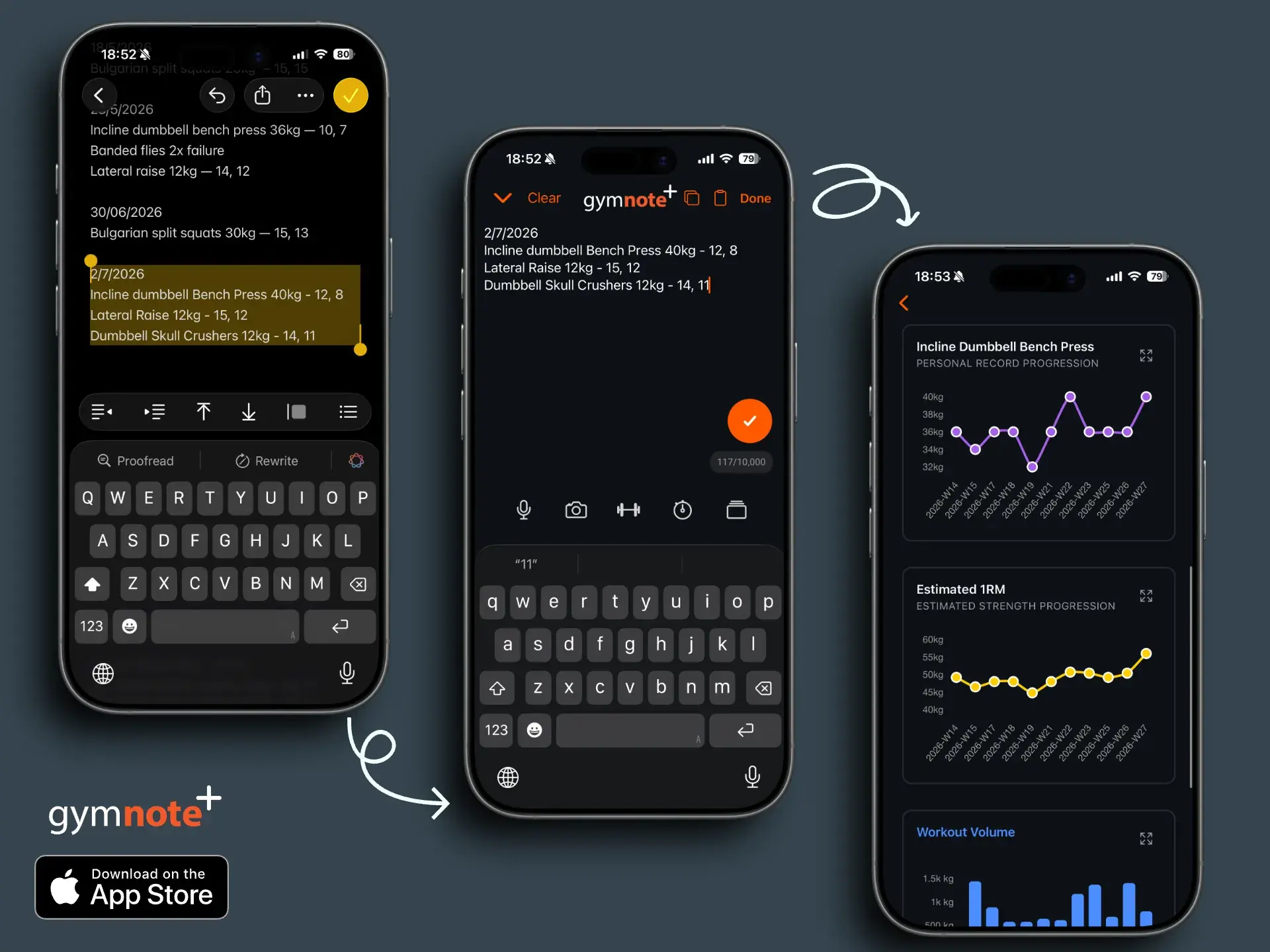 Apple Notes gym log converted into workout progress charts