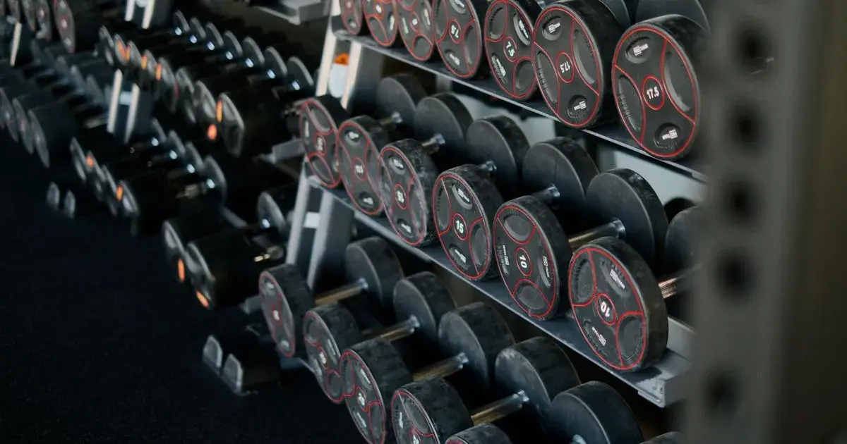 Rack of black and red dumbbells in a gym, illustrating how to log dumbbell weight per hand