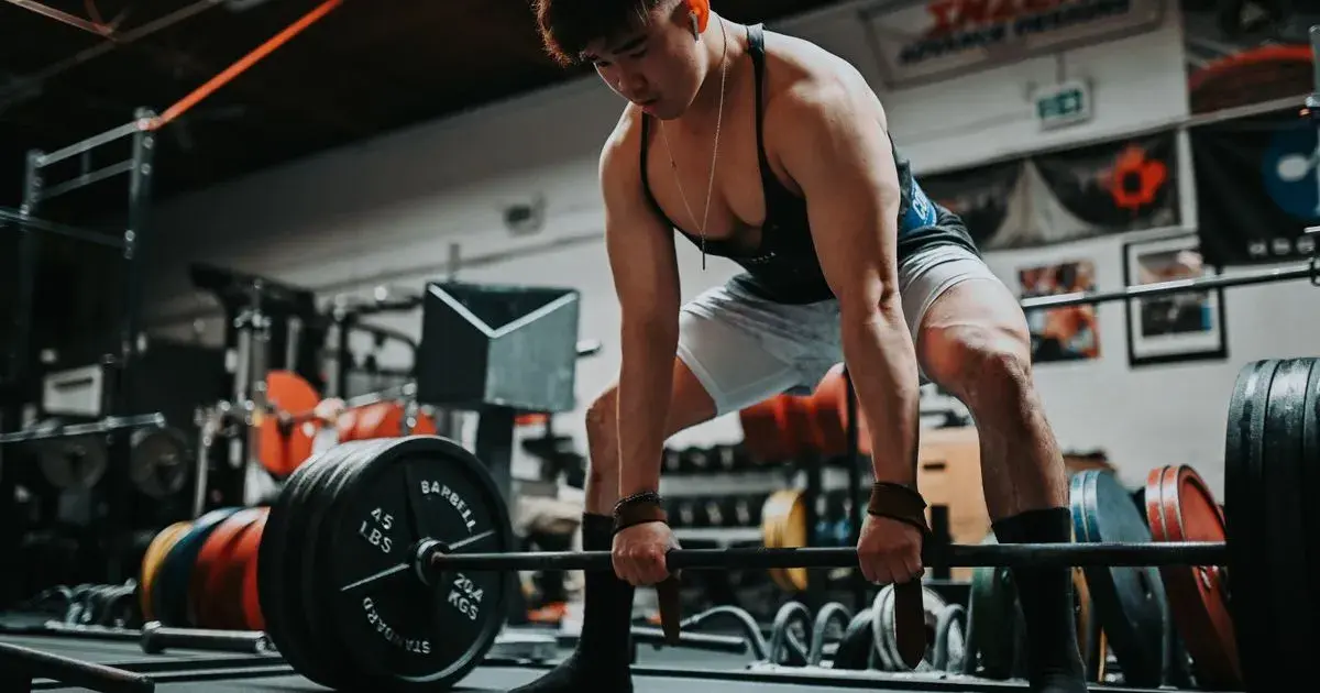 Lifter wearing lifting straps gripping a loaded barbell to start a heavy rack pull