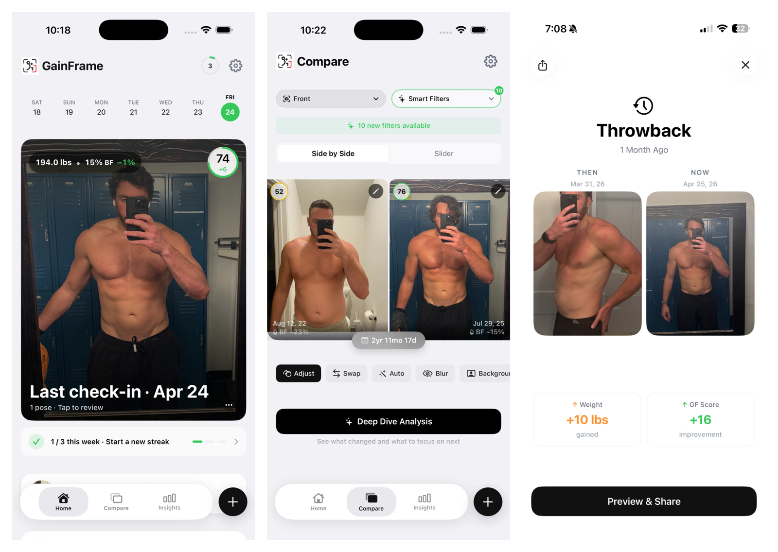 GainFrame app screens showing a weekly photo check-in with body fat estimate, a side by side before and after comparison, and an automatic one month throwback