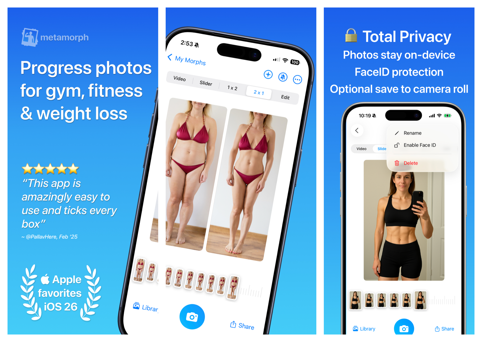 Metamorph app screens showing a side by side progress photo morph, the photo timeline, and its on-device privacy features