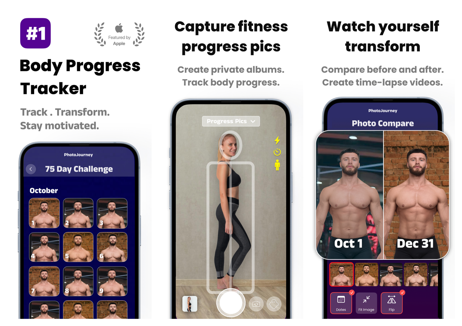 PhotoJourney app screens showing the photo challenge calendar, the guided camera overlay, and a before and after comparison
