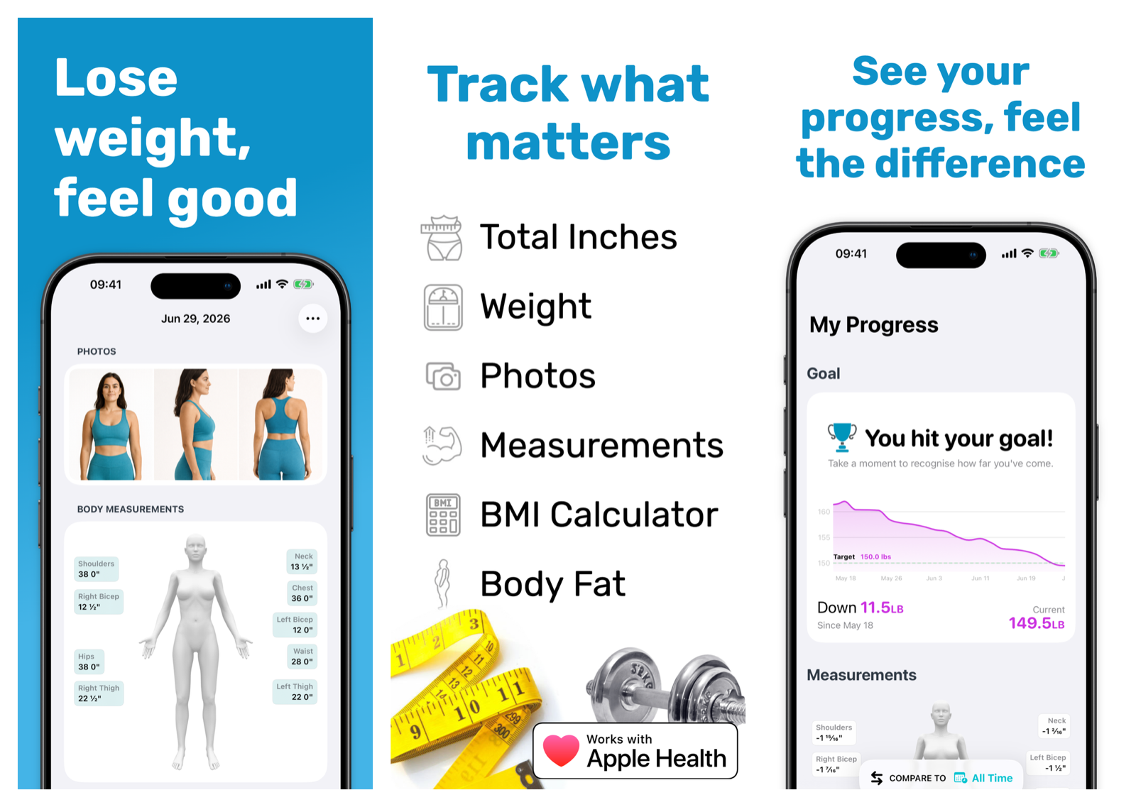 Progress app screens showing photos attached to body measurements, the list of tracked metrics, and a weight goal chart