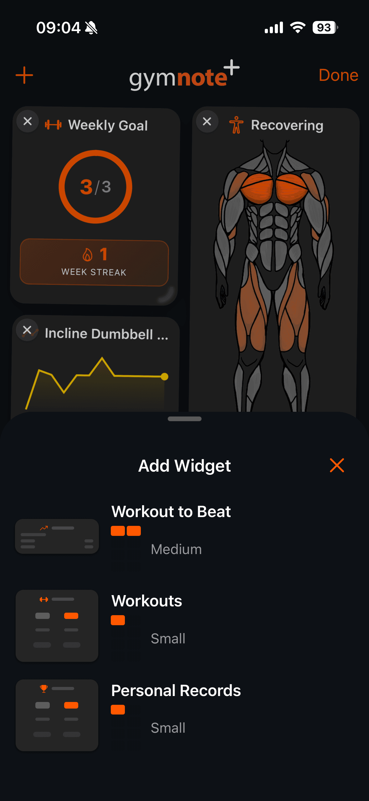 Add Widget sheet on the dashboard with Workout to Beat at the top of the widget list