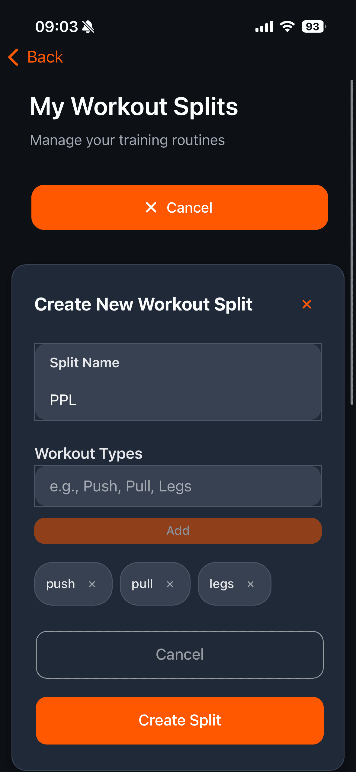 Create New Workout Split form with the name PPL entered and push, pull and legs added as removable tags