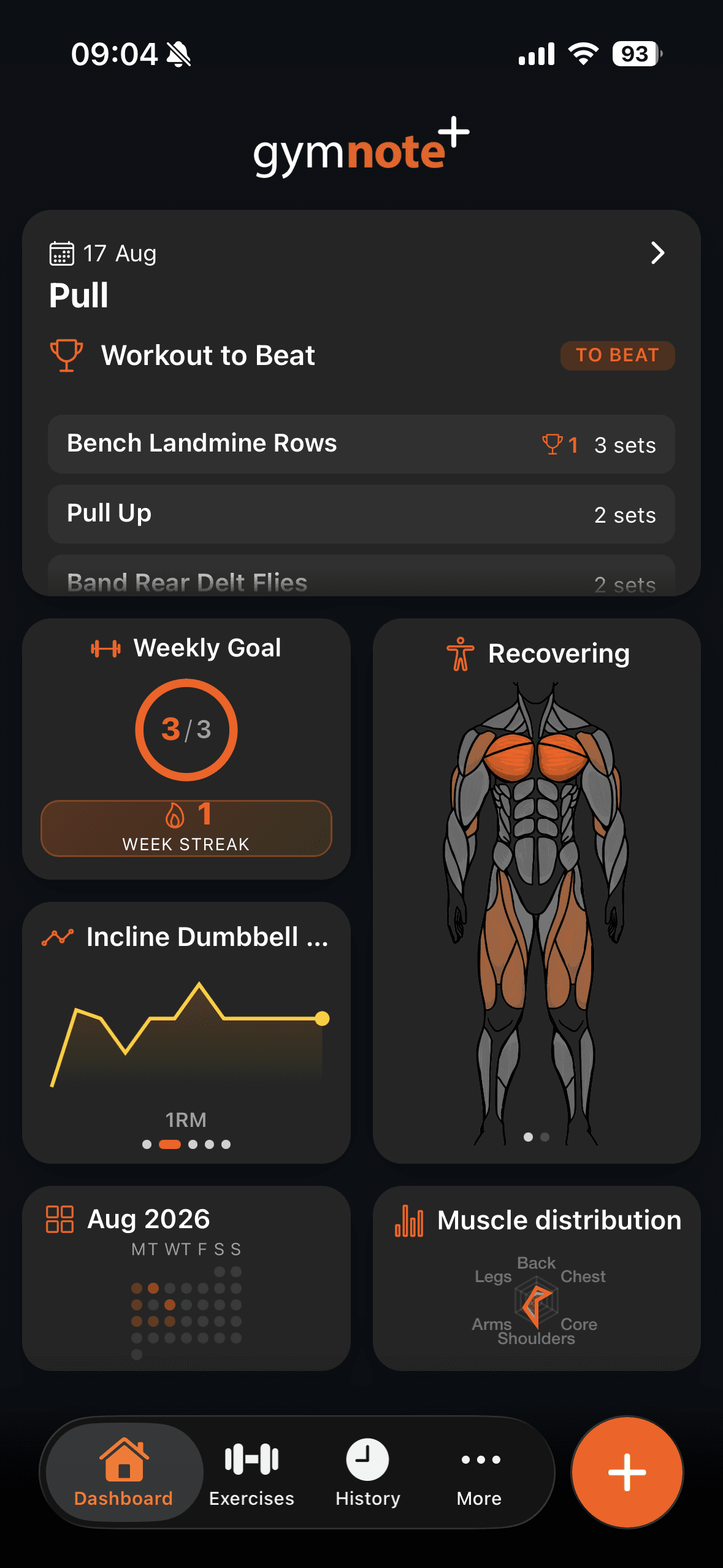 Dashboard with the Workout to Beat widget at the top showing 17 Aug, Pull, a To Beat badge and three exercises