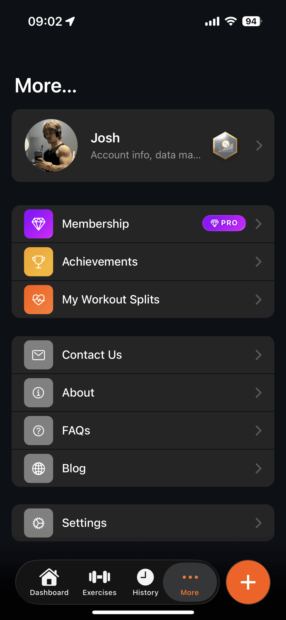 Gym Note Plus More tab showing the My Workout Splits row between Achievements and Contact Us