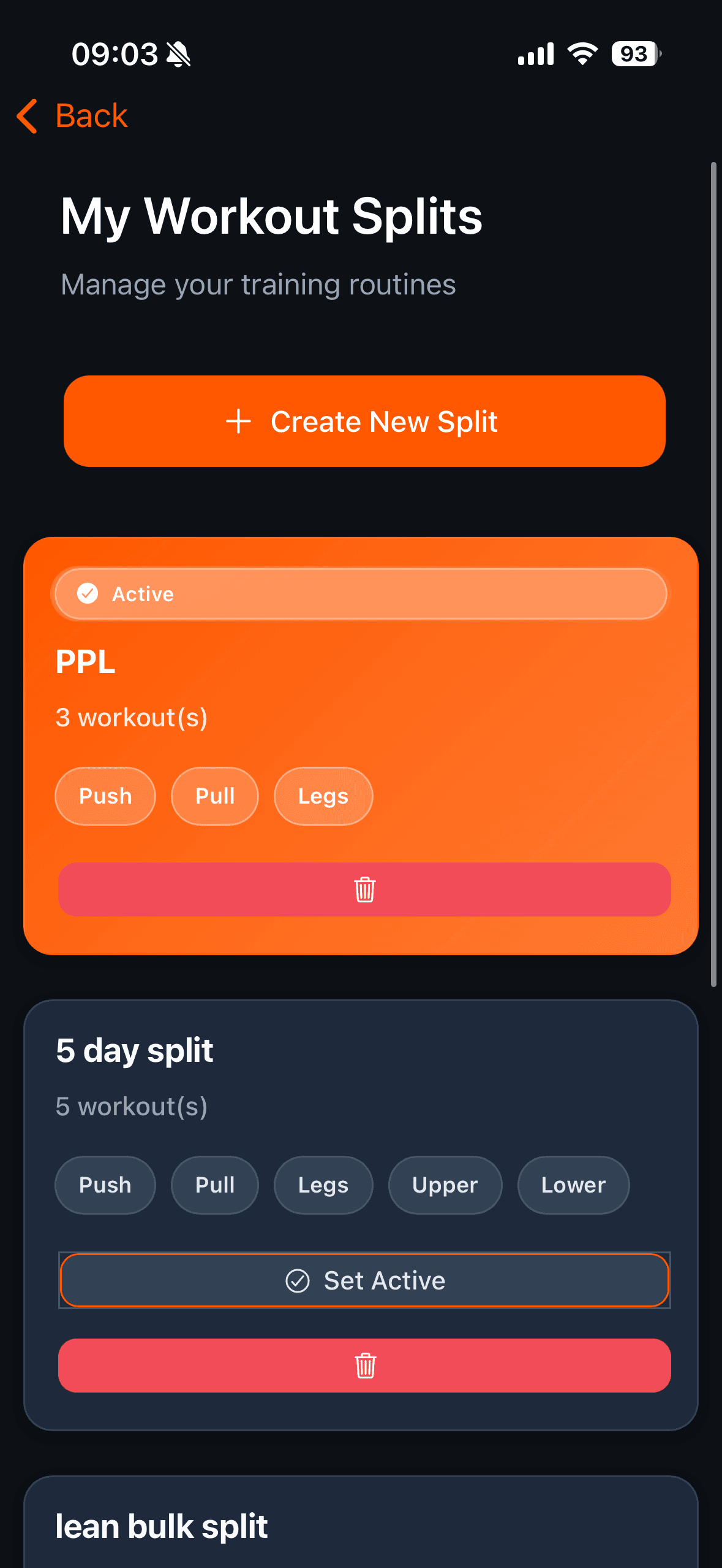 Workout splits list with the new PPL split at the top carrying an Active badge and Push, Pull and Legs tags