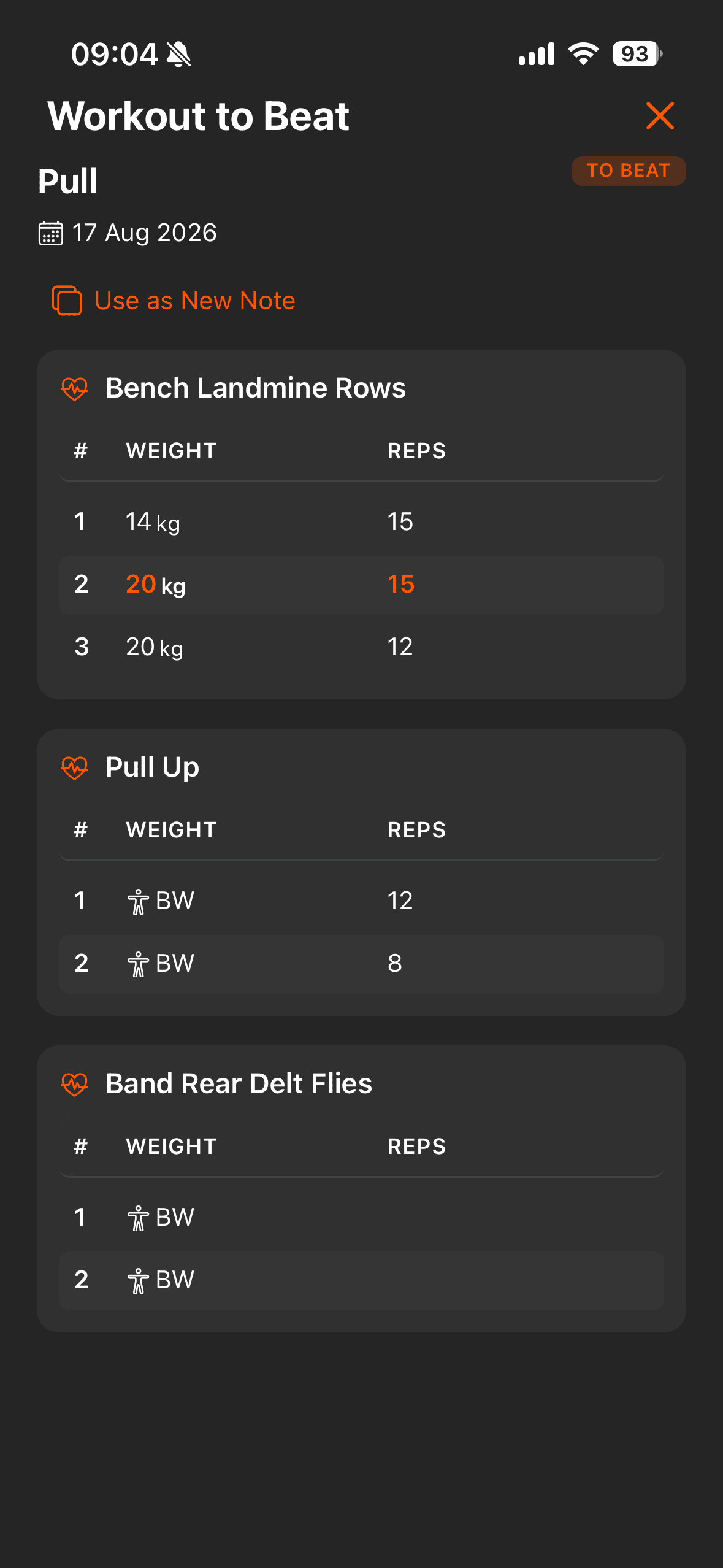 Workout to Beat detail modal listing Bench Landmine Rows, Pull Up and Band Rear Delt Flies with weights and reps per set