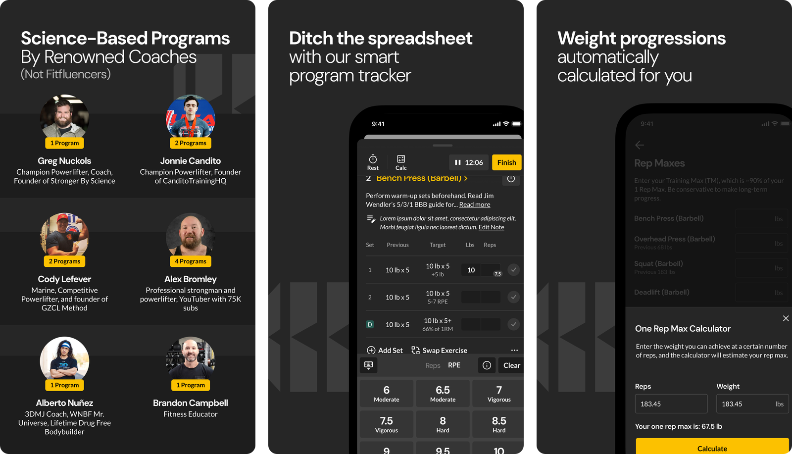 Boostcamp app screens showing programs by named coaches, the program tracker logging a bench press session, and automatically calculated weight progressions