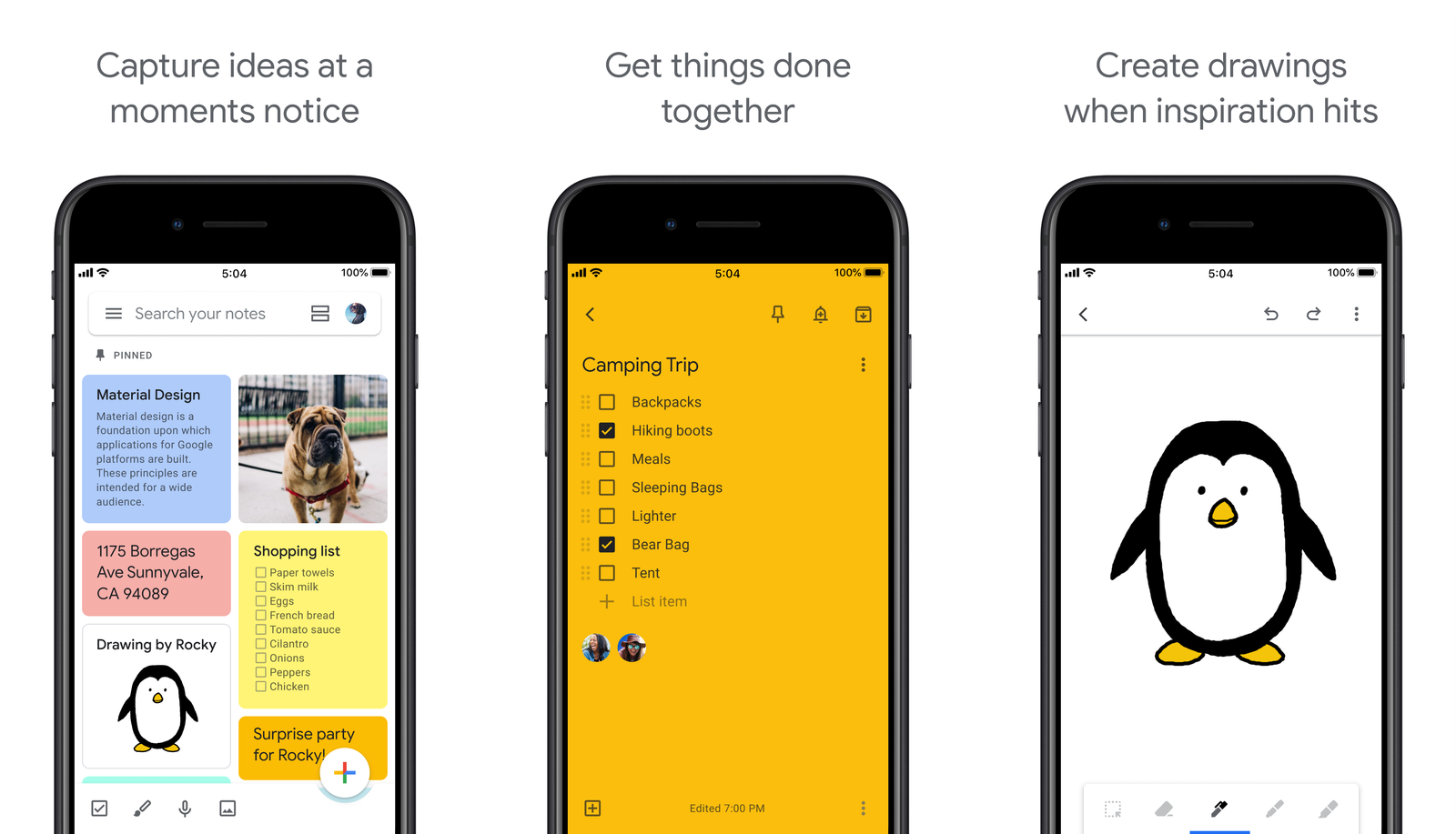 Google Keep screens showing the pinned notes grid, a shared checklist with ticked items, and the drawing tool