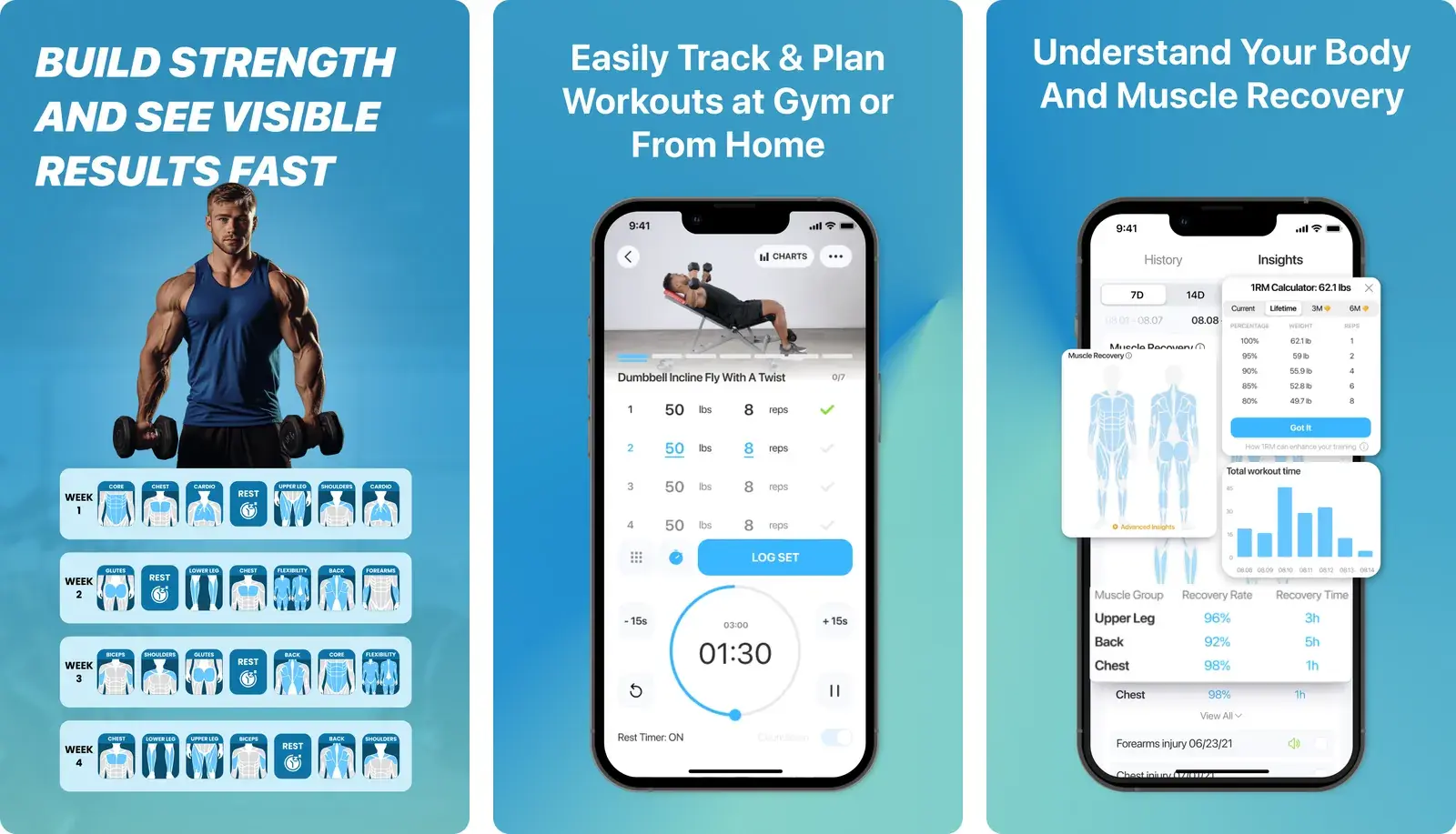 JEFIT app screens showing a four week training plan, the exercise logging screen with rest timer, and muscle recovery insights with a one rep max calculator