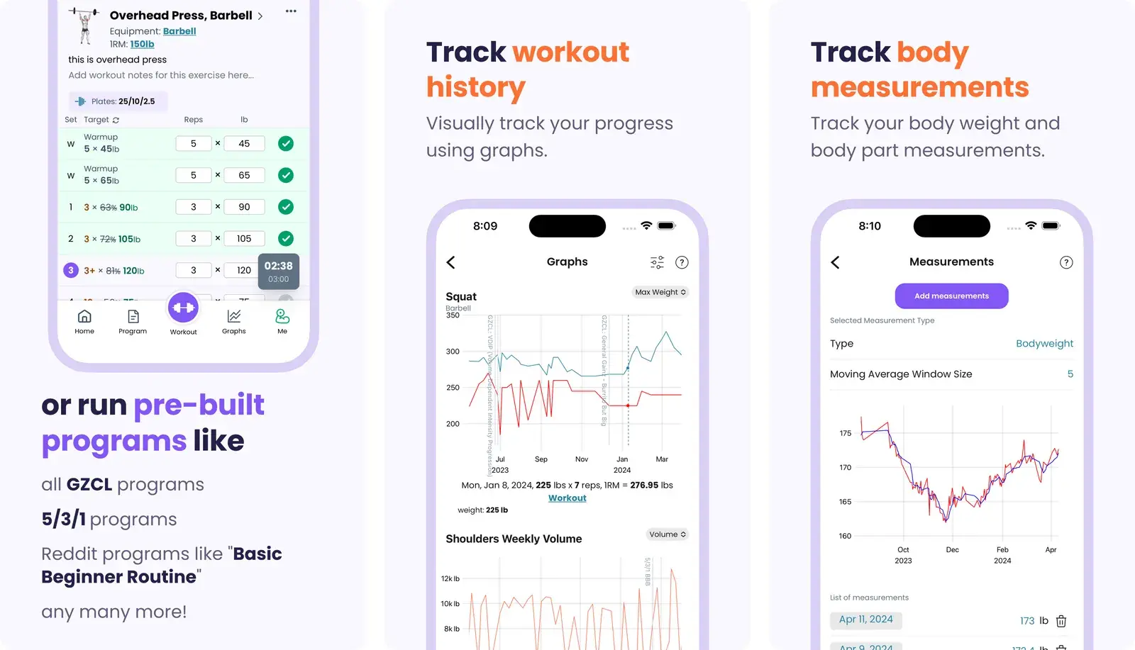Liftosaur app screens showing an overhead press session with warm-up sets and a plate calculator, a squat max weight graph alongside weekly shoulder volume, and body measurement tracking