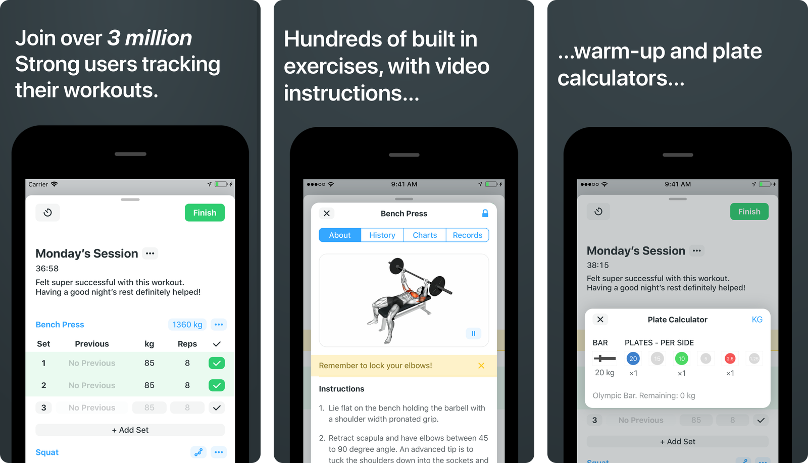 Strong app screens showing a logged workout session with bench press sets, the exercise guide with video instructions, and the built-in plate calculator