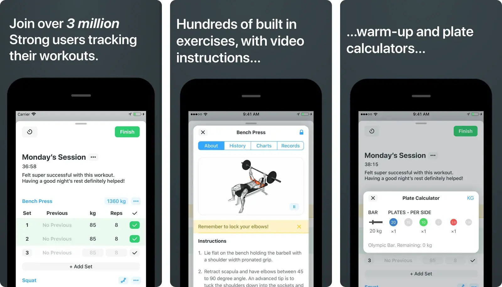 Strong app screens showing a live session with set-by-set entry, a bench press exercise page with instructions and history tabs, and the plate calculator