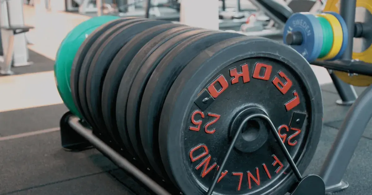 Gym weight plates on a rack, used to calculate an estimated 1RM without maxing out