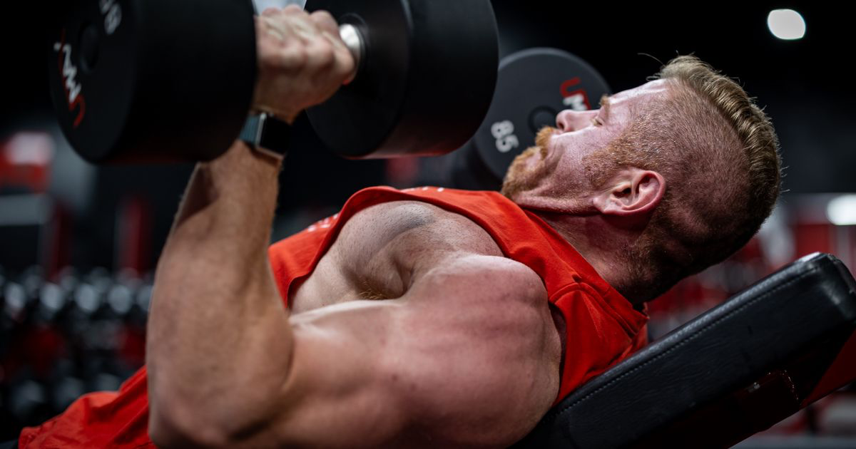 Muscular man pressing dumbbells on a weight bench, demonstrating incline bench press form