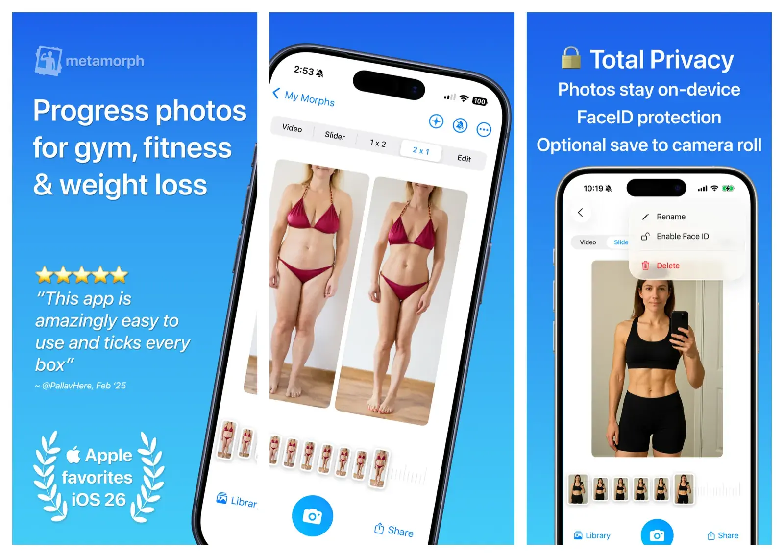 Metamorph app screens showing a side by side progress photo morph, the photo timeline, and its on-device privacy features