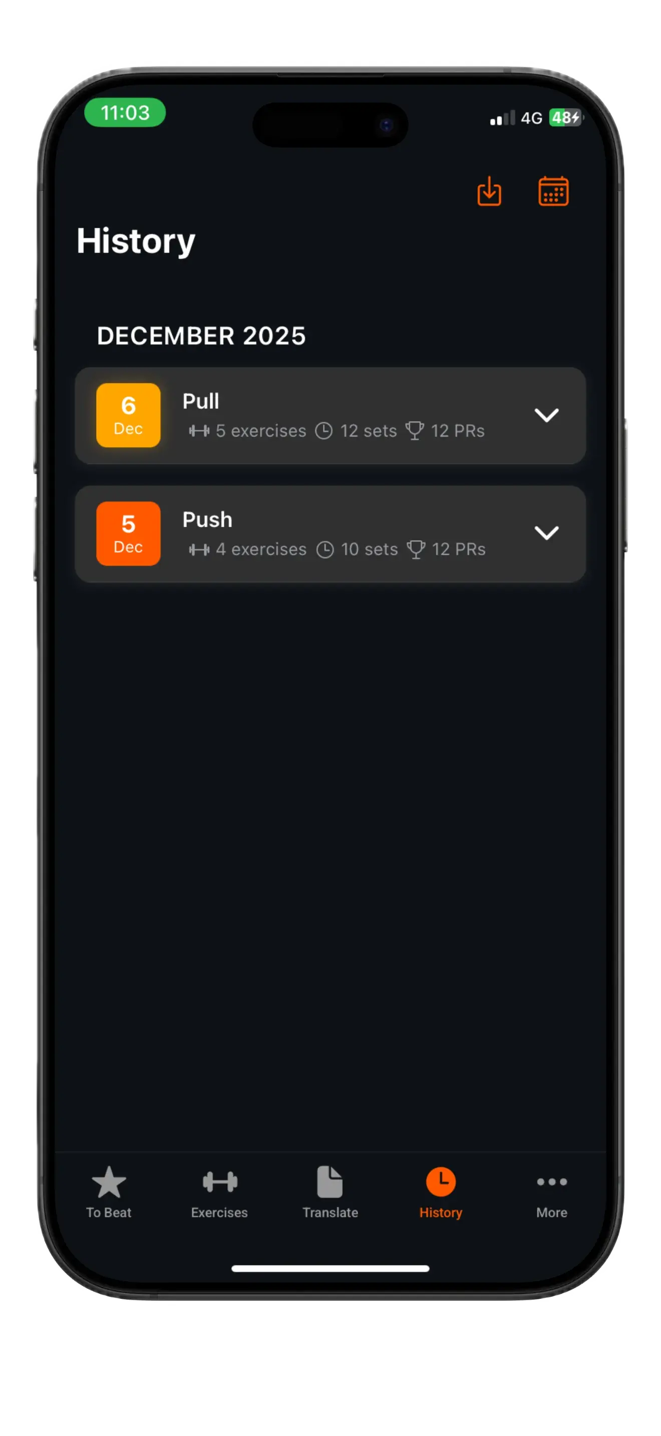 History tab with translated workouts