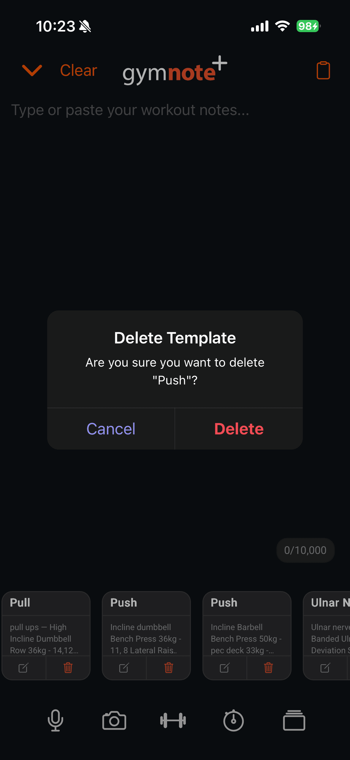 Delete Template dialog asking are you sure you want to delete Push, with Cancel and Delete buttons, over the template rail
