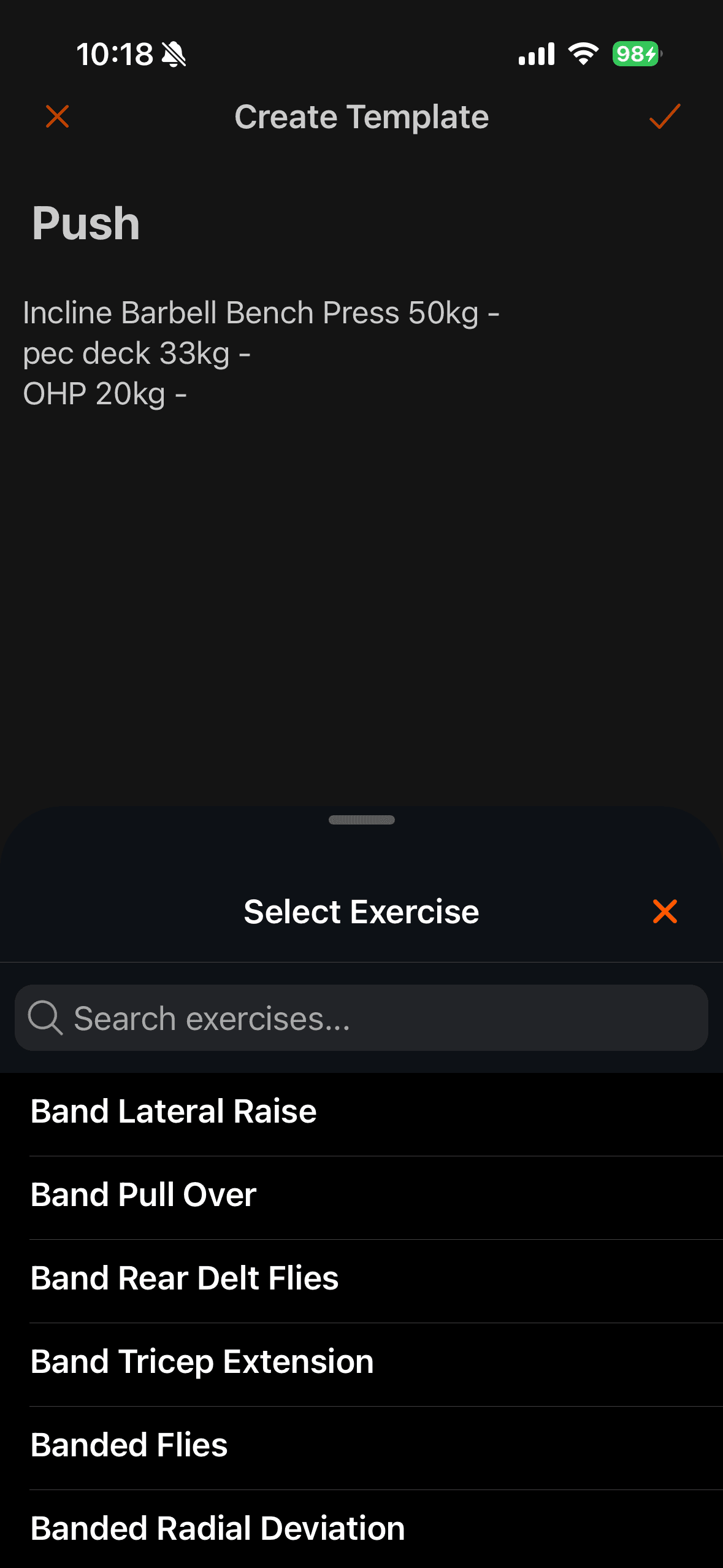 Select Exercise sheet sliding over the Create Template screen with a search exercises box above an alphabetical list of exercises