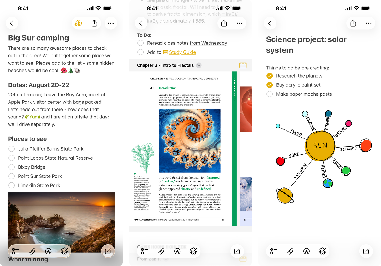 Apple Notes screens showing a checklist note with photos, an attached PDF with study highlights, and a project note with a hand-drawn sketch