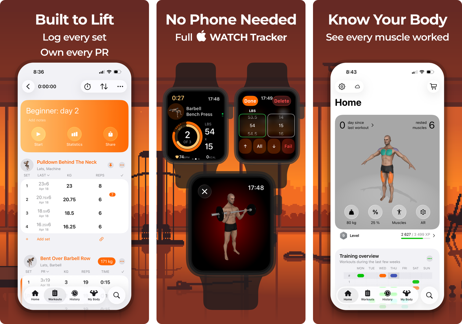 Gymaholic app screens showing an iPhone workout log with previous set history, three Apple Watch screens for entering weight and reps mid-set and a 3D exercise animation, and the muscle map home screen
