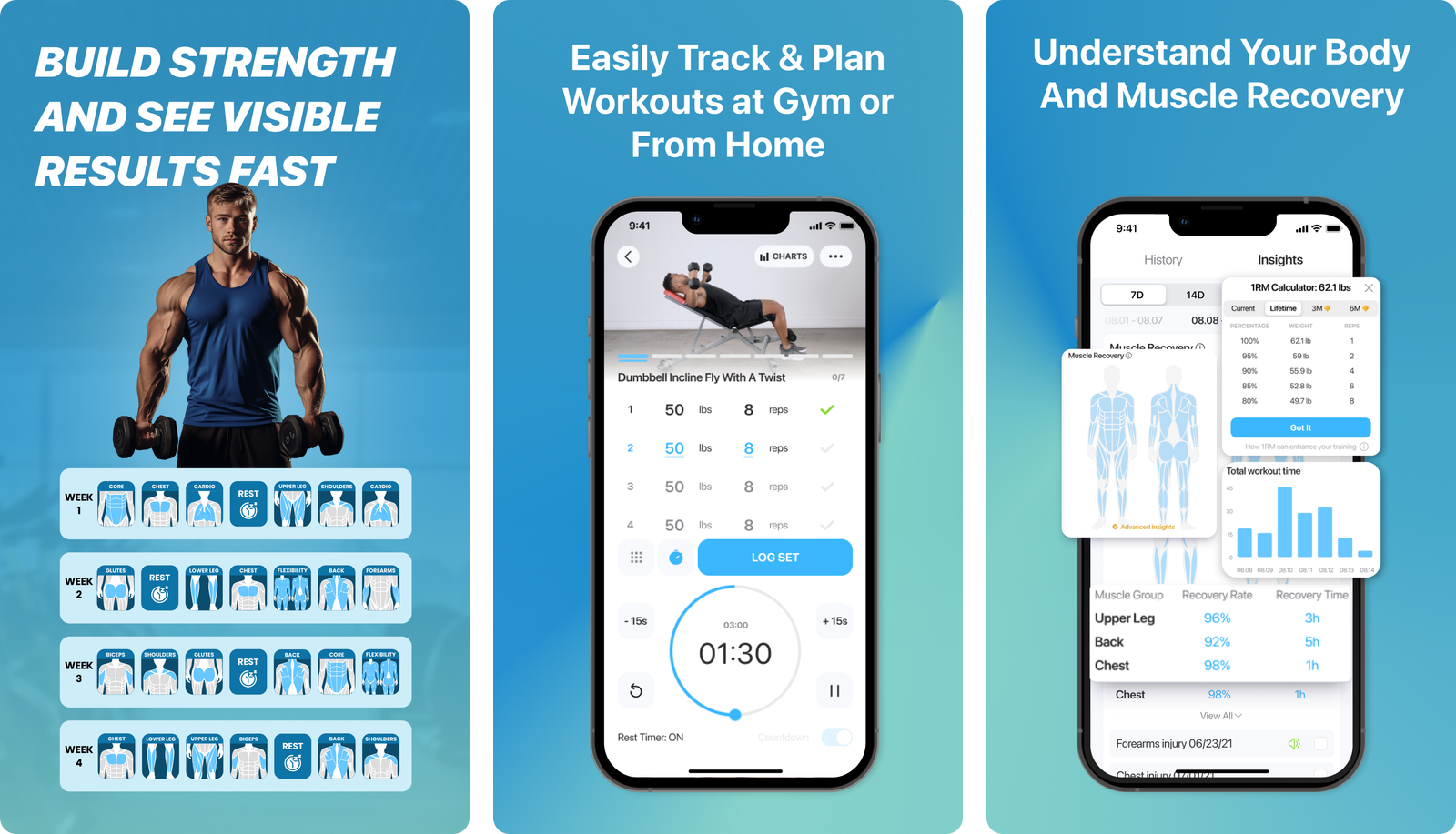 JEFIT app screens showing a four week training plan, the exercise logging screen with rest timer, and muscle recovery insights with a one rep max calculator