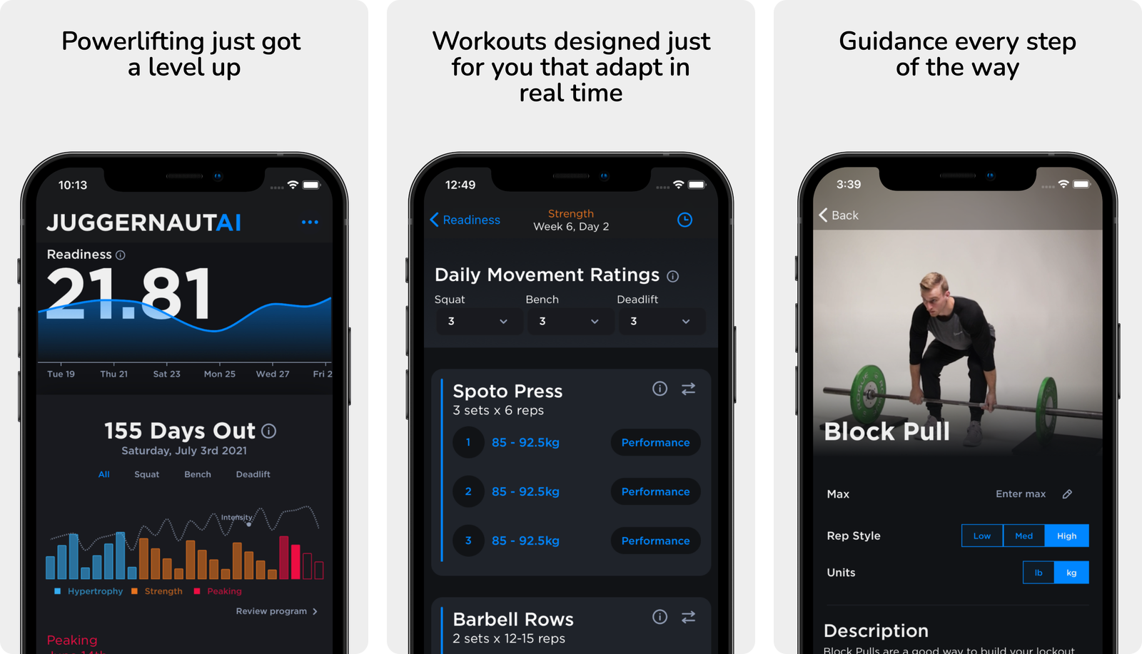 JuggernautAI app screens showing the readiness dashboard with a meet countdown and training volume chart, a strength day with prescribed Spoto press sets, and the block pull exercise page