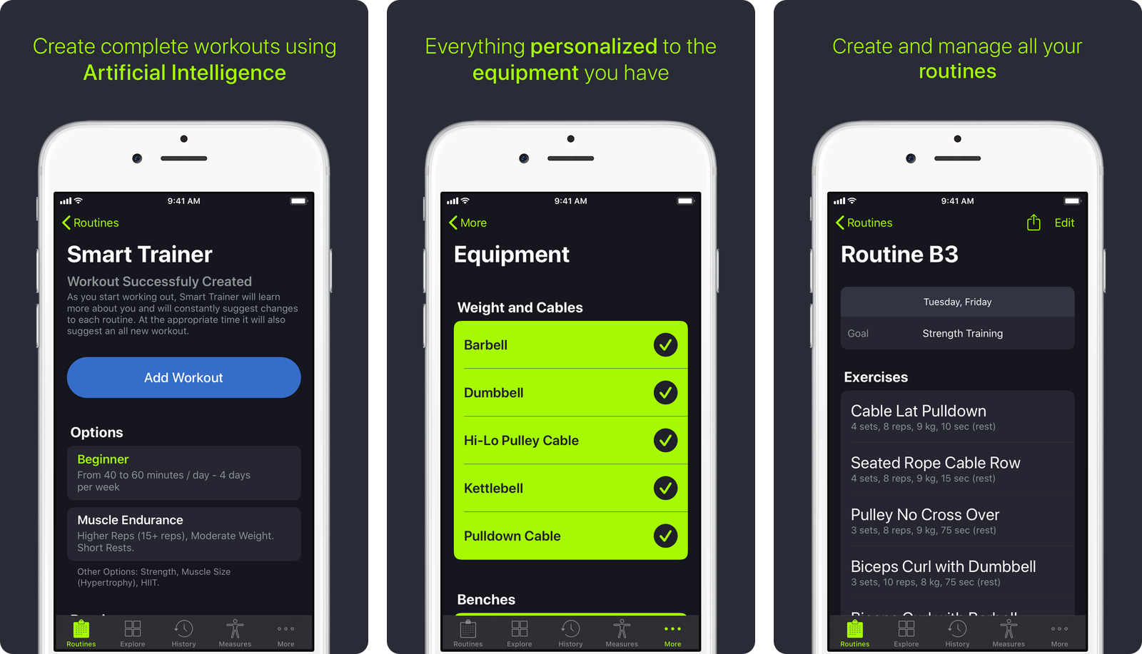 SmartGym app screens showing the Smart Trainer generating a workout, the equipment picker for barbell, dumbbell and cable machines, and a saved routine listing sets, reps, weights and rest times