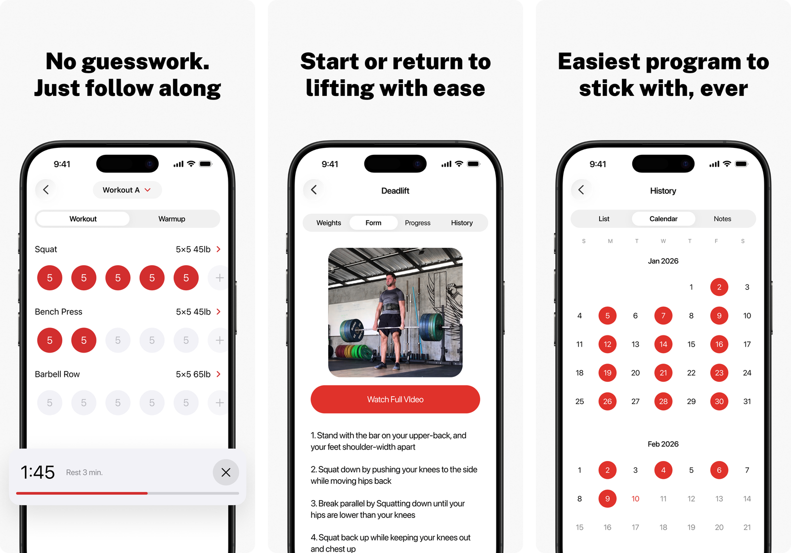 StrongLifts 5x5 app screens showing the Workout A set grid with a rest timer running, the deadlift page with a form video and numbered coaching cues, and a training history calendar